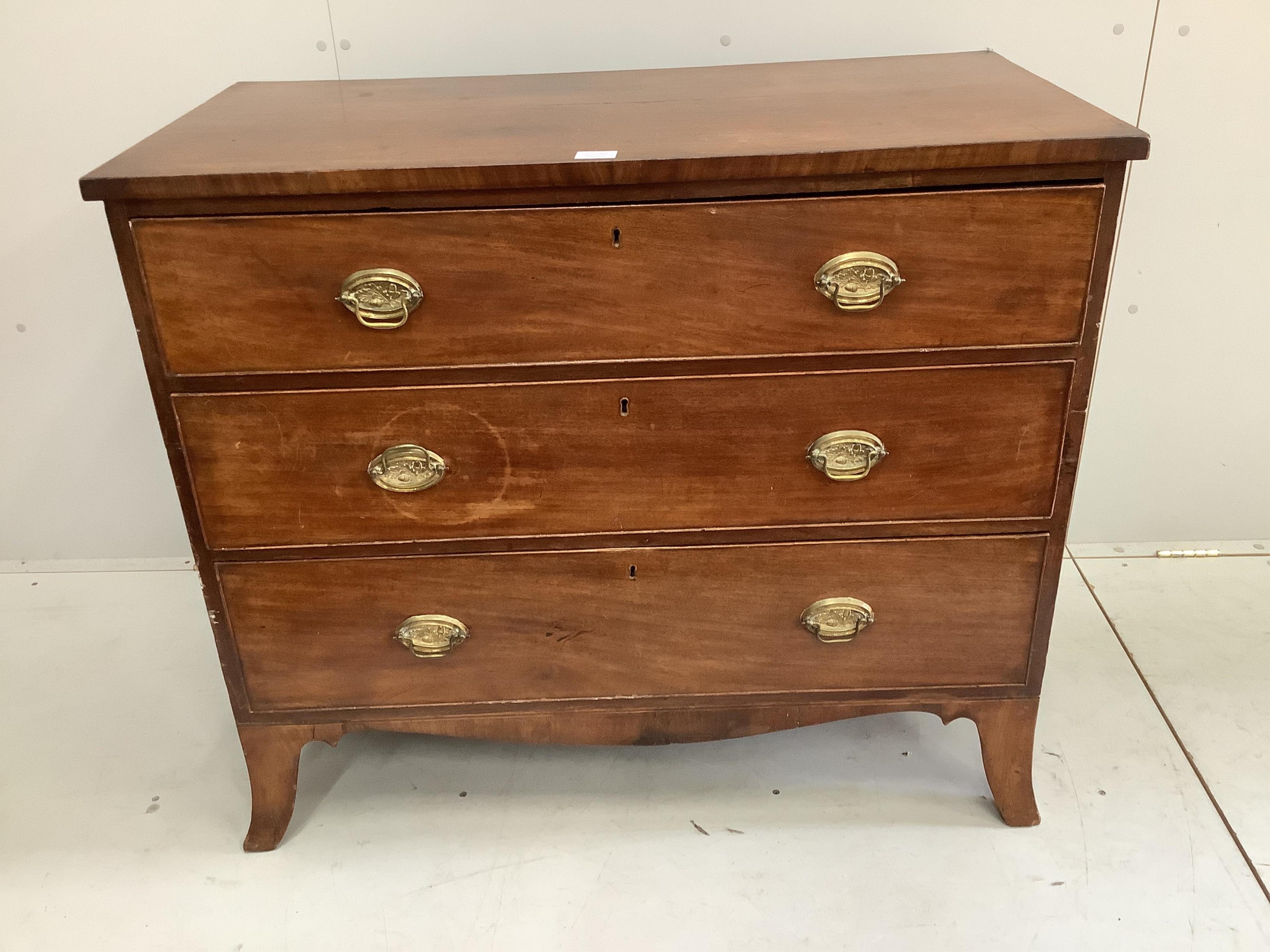 A Regency mahogany three drawer chest, width 103cm, depth 54cm, height 89cm. Condition - poor to fair